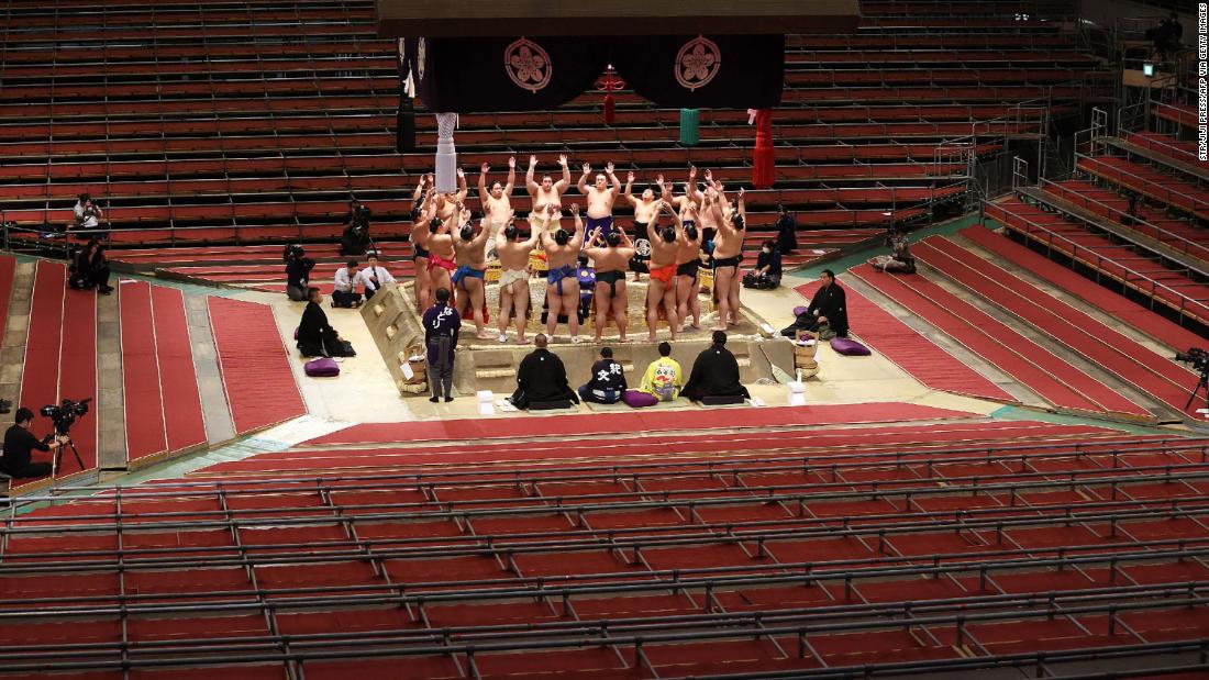 Sumo wrestlers attend a tournament in Osaka, Japan, that was being held behind closed doors because of the coronavirus outbreak.